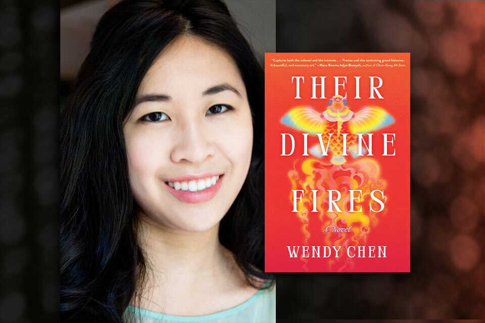 A photograph of Wendy Chen with the cover to her book Their Distant Fires