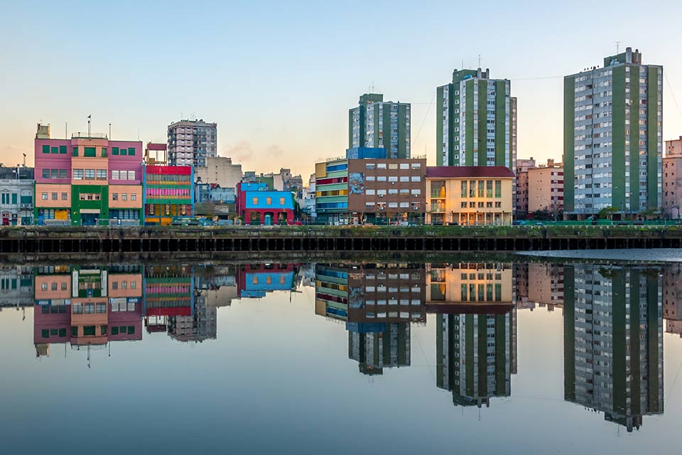 The skyline of Buenos Aires as reflected in a body of water on its edge