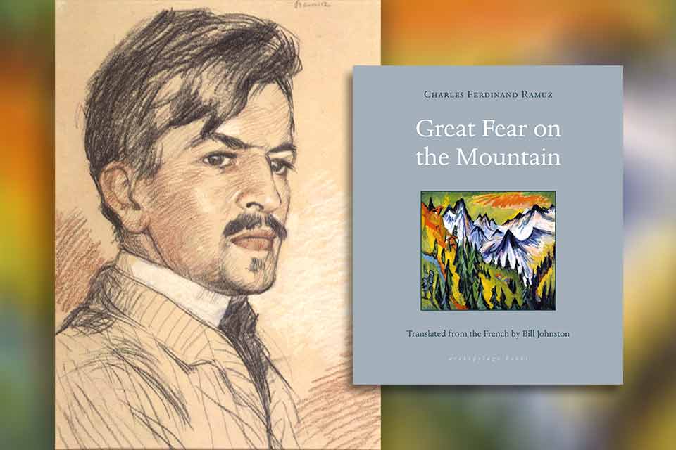 An illustration of Charles Ferdinand Ramuz and the cover to his book Great Fear on the Mountain</em>