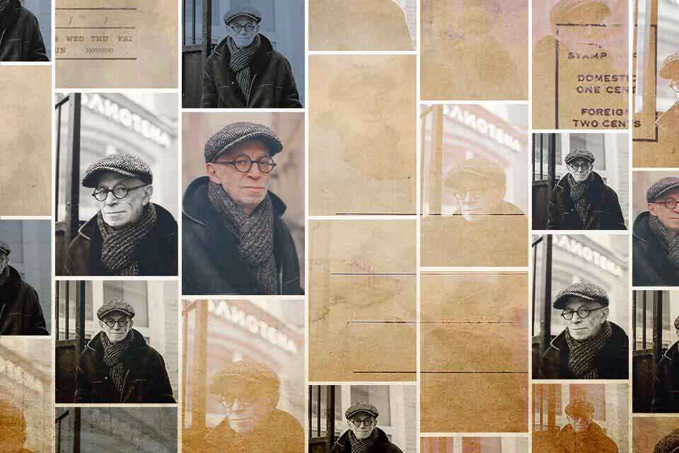 Photograph of Lev Rubinstein in a collage effect